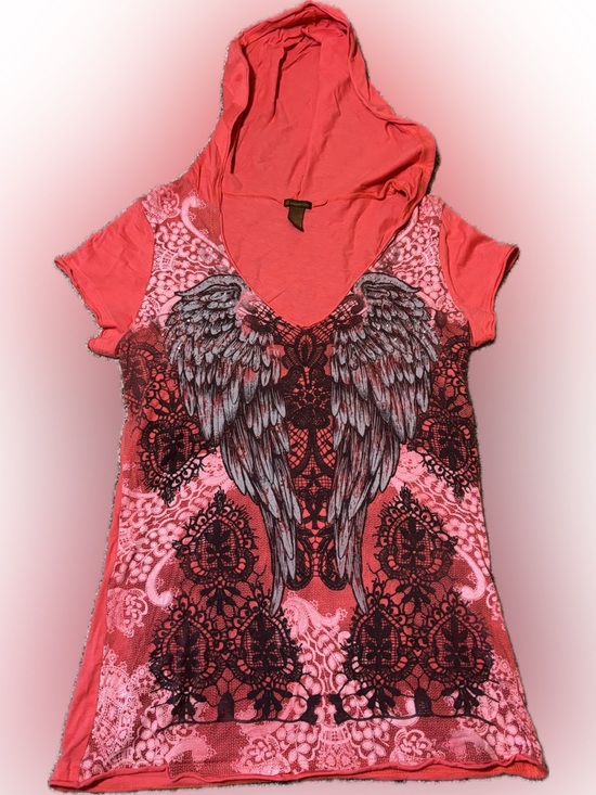 Copper Key Tops - E87 Copper Key Coral Hooded V-Neck Tee with Angel Wing Graphic, Size XL